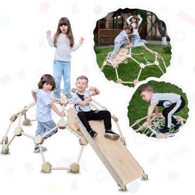 2in1 Climbing Set: Wooden Climbing Frame Geodome / Climbing Dome with Slide Board for Kids 2-6 y.o.