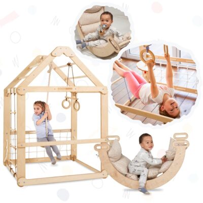 2in1 Indoor Wooden Playhouse with Swings + Climbing Arch with Cushion