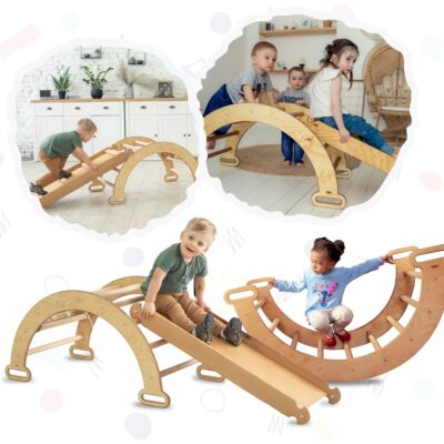 2in1 Montessori Climbing Frame Set: Arch/Rocker Balance + Slide Board/Ramp – Beige