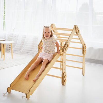 2in1 Montessori Climbing Set: Snake Ladder + Slide Board/Climbing Ramp – Beige