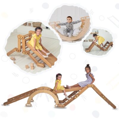 4in1 Montessori Climbing Frame Set: Snake Ladder + Arch/Rocker + Slide/Ramp + Net – Beige