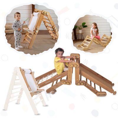 4in1 Montessori Climbing Frame Set: Snake Ladder + Slide Board/Ramp + Net + Art Addition – Beige