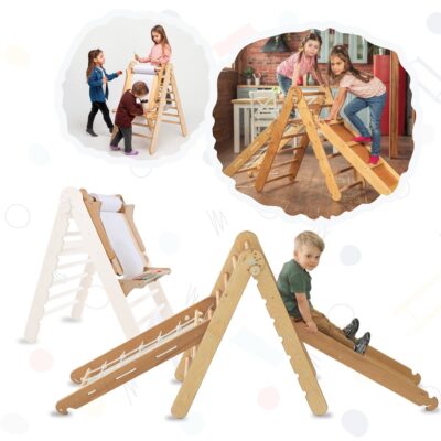 4in1 Montessori Climbing Frame Set: Triangle Ladder + Net + Slide Board/Ramp + Art Addition – Beige