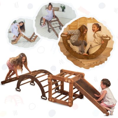 4in1 Montessori Climbing Set: Snake Ladder + Arch/Rocker + Slide Board/Ramp + Climbing Net – Chocolate