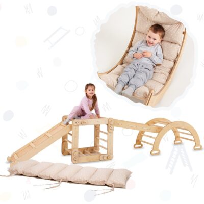 5in1 Montessori Climbing Frame Set: Snake Ladder + Arch/Rocker + Slide/Ramp + Net + Cushion – Beige