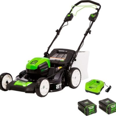 Greenworks – 80 Volt 21-Inch Self-Propelled Lawn Mower (1 x 2.0Ah and 1 x 4.0Ah battery and 1 x Charger) – Green