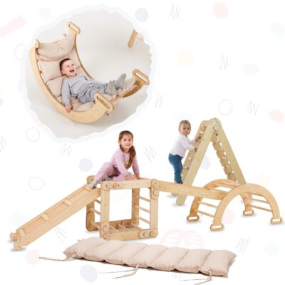 6in1 Montessori Climbing Frame Set: Triangle Ladder + Arch/Rocker + Slide Board/Ramp + Netting rope + Cushion + Snake Ladder