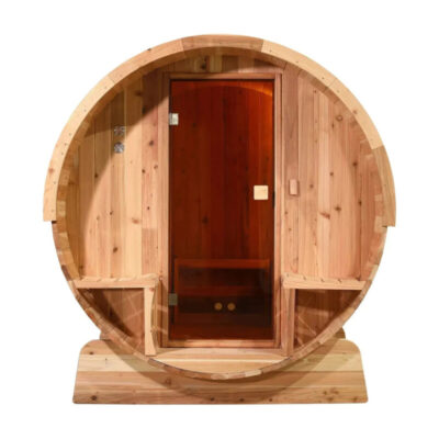 Aleko 6 Person Outdoor Rustic Cedar Barrel Steam Sauna with Front Porch Canopy and ETL Certified