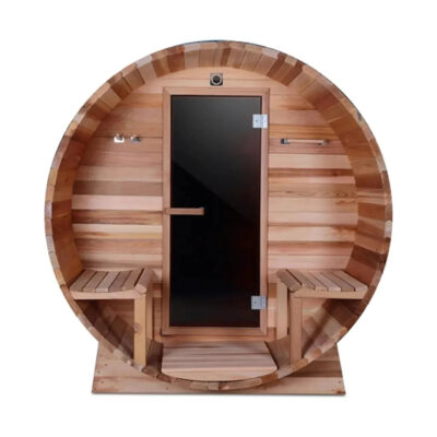 Aleko Western Red Cedar 8 Person Outdoor or Indoor Wet Dry Barrel Sauna with Front Porch Canopy and 8 kW Harvia KIP Heater