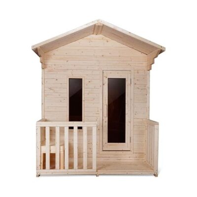 Aleko White Pine 4 Person Outdoor Steam Sauna with Fenced Front Porch and 8 kW Harvia KIP Heater