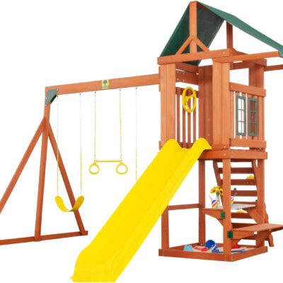 Cedar Cottage Wooden Backyard Playset | W: 163″ D: 137″ H: 114″ | W/ 2 Belt Swings & Trapeze | Kids Age 3-10 | Sandbox, Slide & Climbing Wall | DIY Assembly | ASTM Standards |…