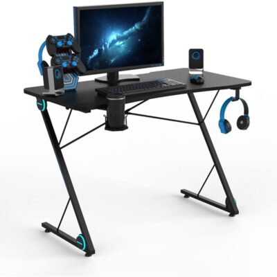 Gaming Desk, E-Sport Gamer Workstation with LED Lights & Large Carbon Fiber Surface