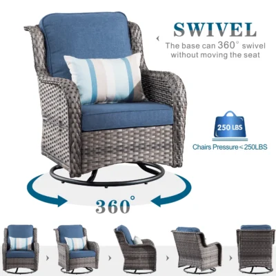 Ovios 6-Piece Patio Furniture Set Wicker Swivel Chair & Table with Denim Blue Cushion for Balcony