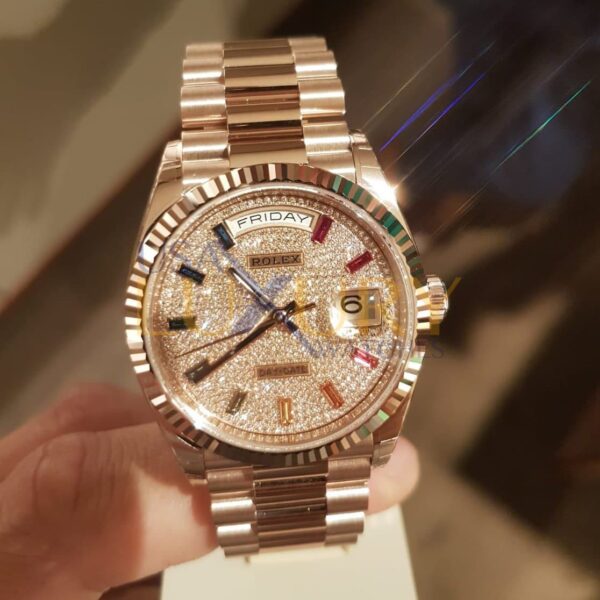 Rolex 128235-0039 Day-Date 18k Everose Gold President Rainbow Diamond Dial Watch - Image 2