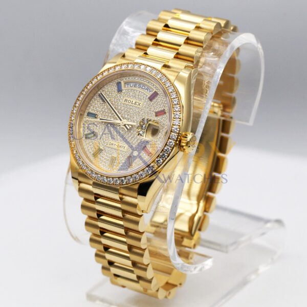 Rolex 128348RBR Day-Date 36 Diamond-Paved Rainbow Sapphire Diamond Bezel Dial Watch - Image 2