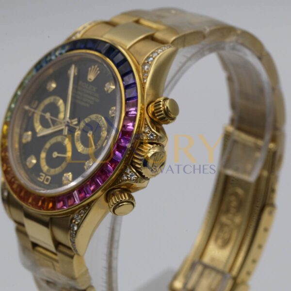 Rolex Daytona 16528 18k Yellow Gold With Rainbow Sapphires And Diamonds Bezel - Image 4
