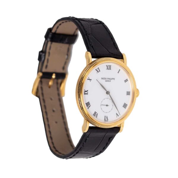 Patek Philippe 3919J-001 Calatrava 33mm 18k Yellow Gold White Dial Black Leather Strap Watch - Image 3