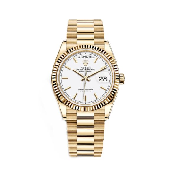 Rolex Day-Date 128238-0081 White Dial Yellow Gold President Bracelet Watch