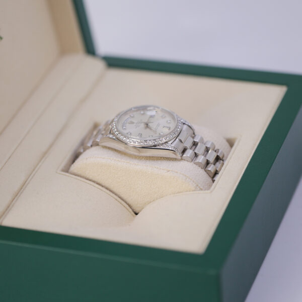 Rolex 18049 Day-Date 36mm Aftermarket Silver Diamond Dial, Lugs and Bezel 18K White Gold Watch - Image 4