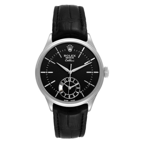 Rolex Cellini 50529 Black Dial Leather Strap Dual Time 39mm Mens Watch